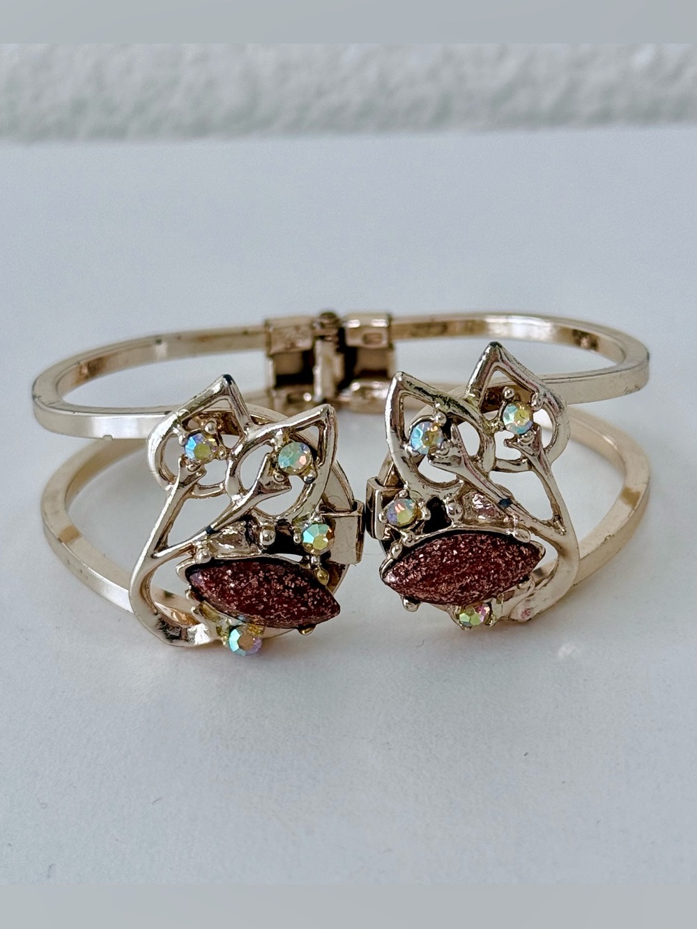 Vintage Hinged Bypass Bangle Bracelet Brown Goldstone AB Rhinestone Gold Tone
